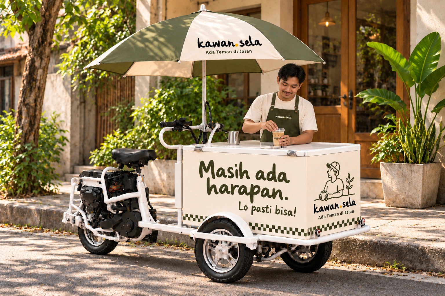 A Kawan sharing branded iced coffee from the Kawansela cargo bike in a neighborhood