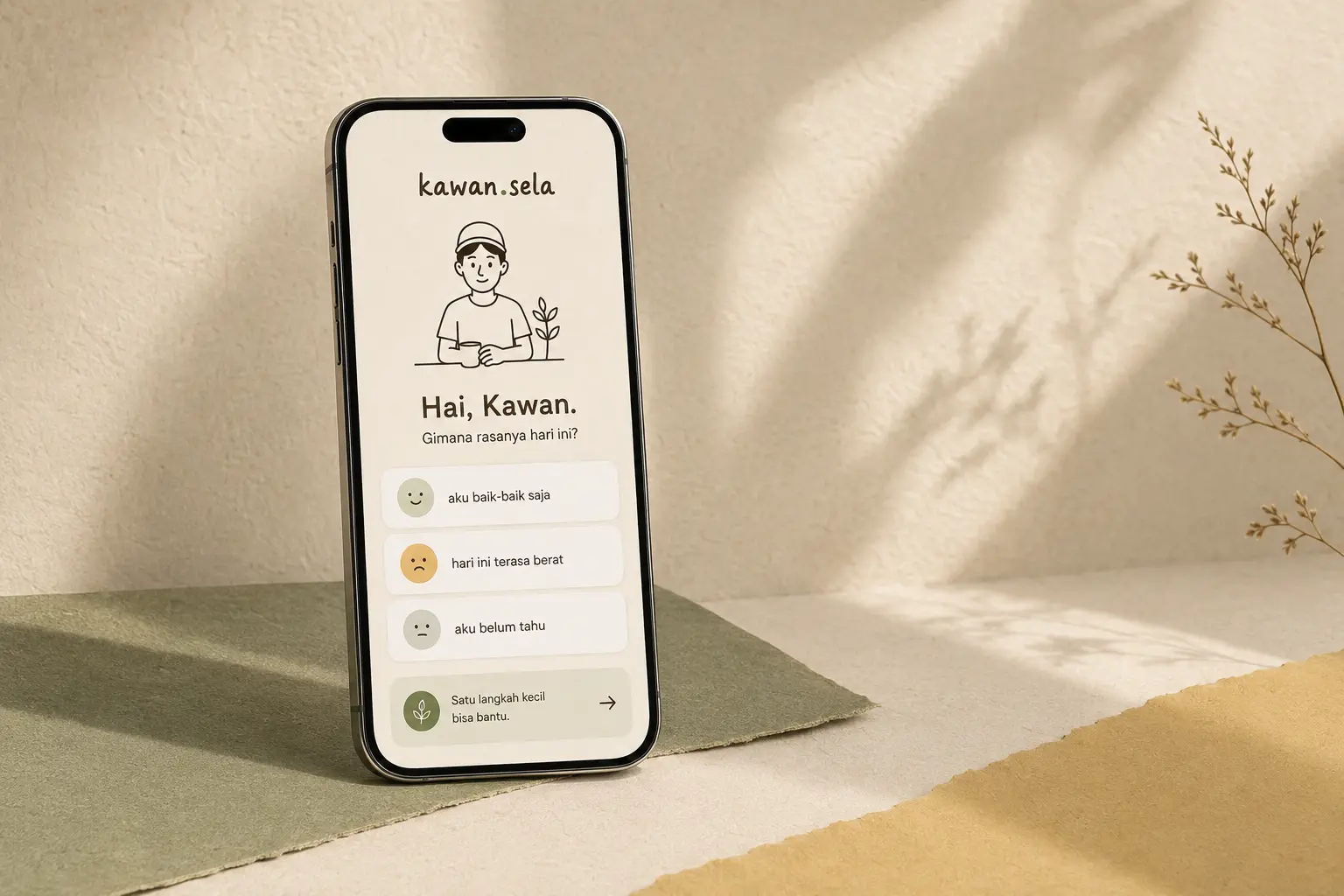 Kawan App mockup with a calm, friendly emotional check-in