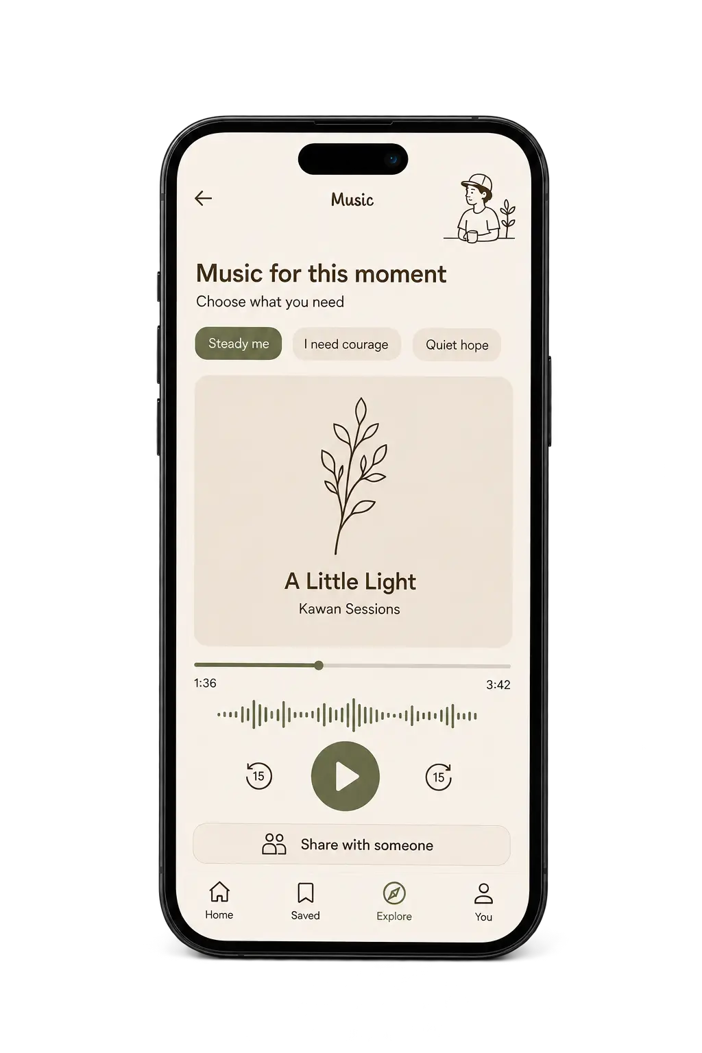 Music & pauses — Kawan App mockup