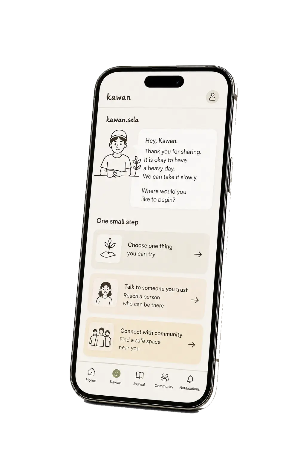 Kawan App digital companion and real connection screen