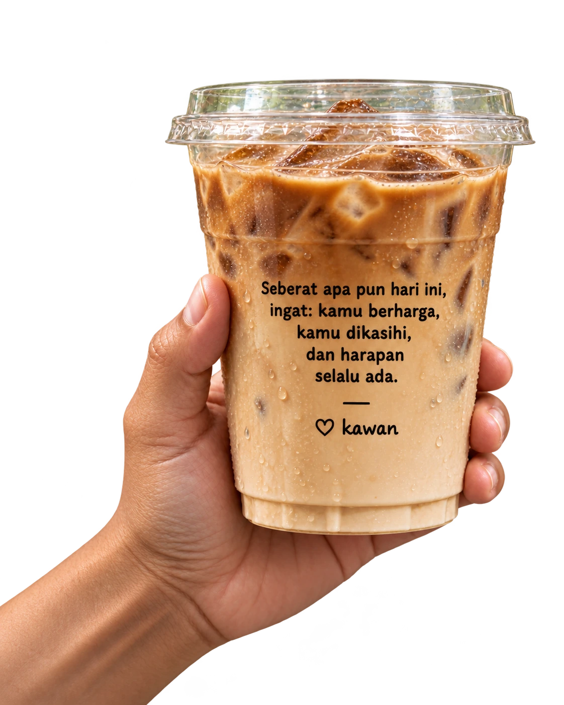 Tangan memegang belakang gelas kawan.sela dengan pesan kamu berharga, kamu dikasihi, dan harapan selalu ada, serta tanda hati dan kawan