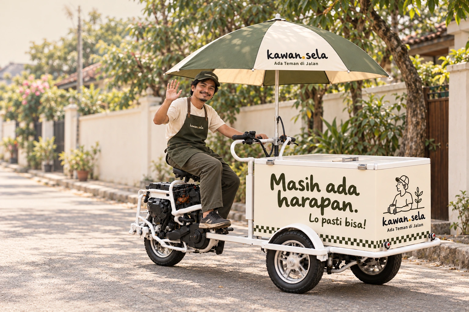 Seorang Kawan memakai apron dan topi kawan.sela, mengendarai gerobak dan melambaikan tangan di jalan yang rindang