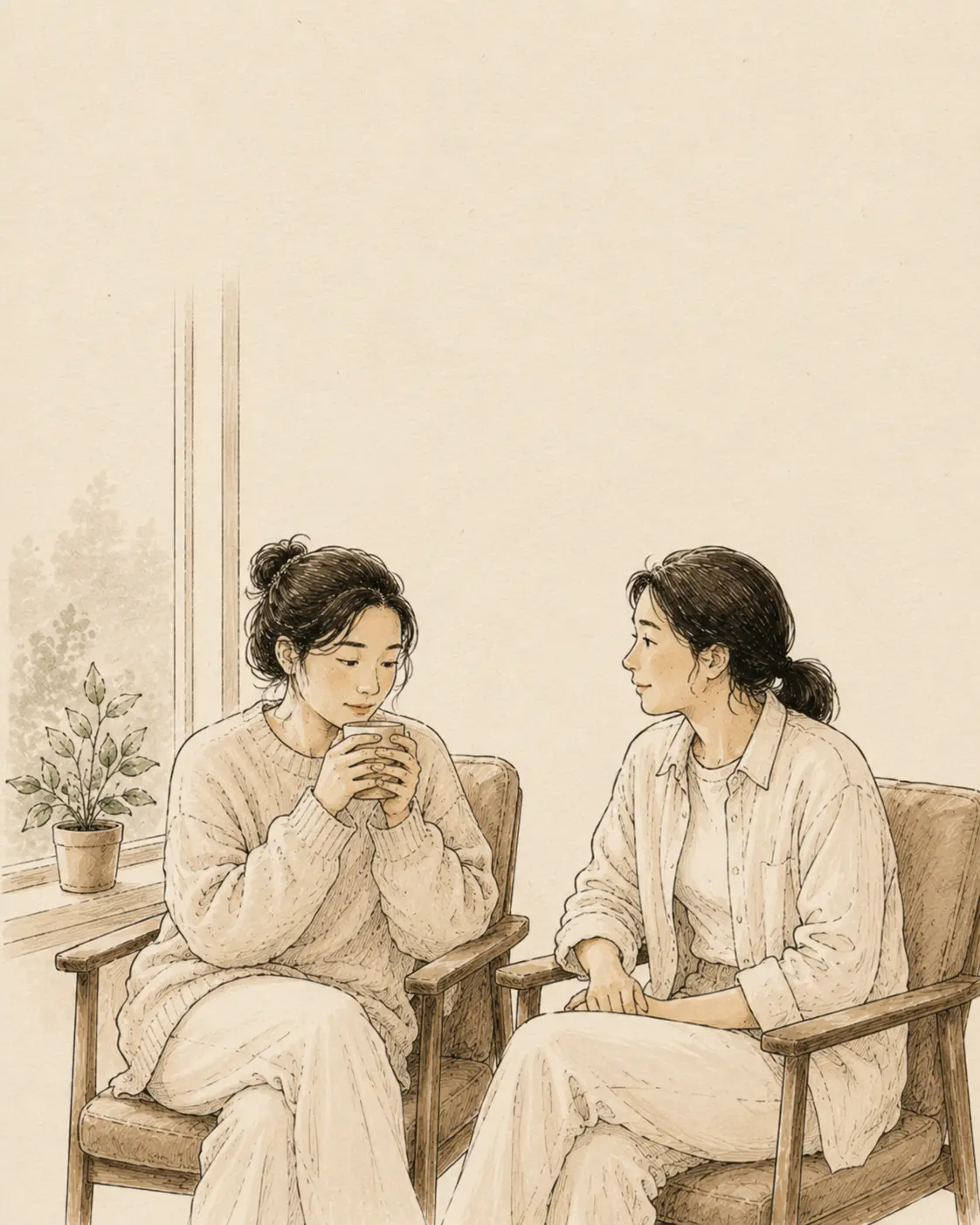 Two friends sharing a quiet moment beside a window